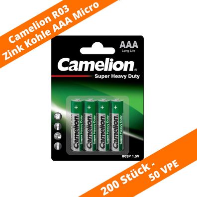 200 x Camelion AAA Micro R03 Batterie Heavy Duty 1,5V Zink Kohle Blisterkarte