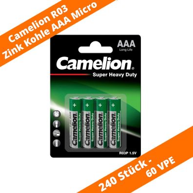 240 x Camelion AAA Micro R03 Batterie Heavy Duty 1,5V Zink Kohle Blisterkarte