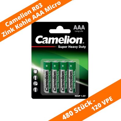 480 x Camelion AAA Micro R03 Batterie Heavy Duty 1,5V Zink Kohle Blisterkarte