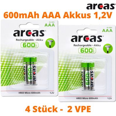 4 x Arcas 600 - AAA HR03 Micro 600mAh NiMH 1.2V Akku Solar DECT geeignet 2 x 2