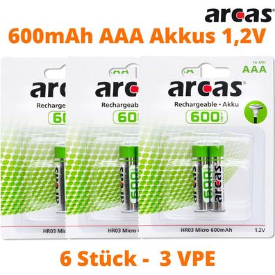6 x Arcas 600 - AAA HR03 Micro 600mAh NiMH 1.2V Akku Solar DECT geeignet 3 x 2