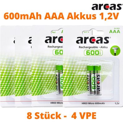 8 x Arcas 600 - AAA HR03 Micro 600mAh NiMH 1.2V Akku Solar DECT geeignet 4 x 2