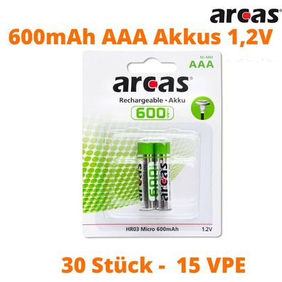 30 x Arcas 600 - AAA HR03 Micro 600mAh NiMH 1.2V Akku Solar DECT geeignet 15 x 2