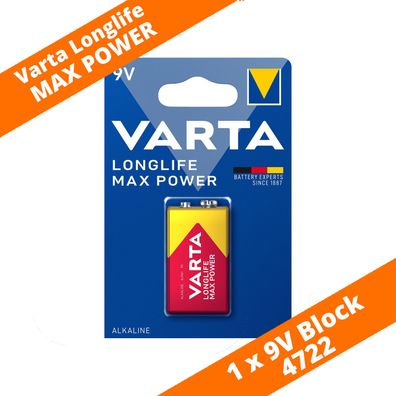 1 x Varta 9V Block 4722 Longlife Max Power MaxTech Alkaline Rauchmelder E-Block