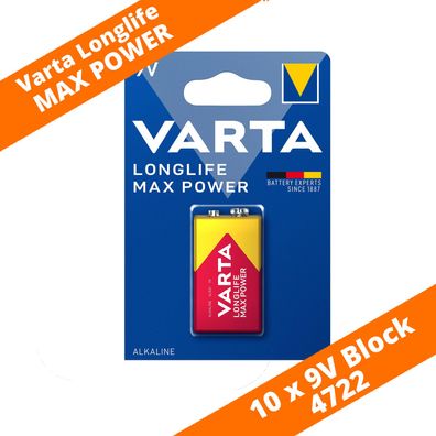 10 x Varta 9V Block 4722 Longlife Max Power MaxTech Alkaline Rauchmelder E-Block