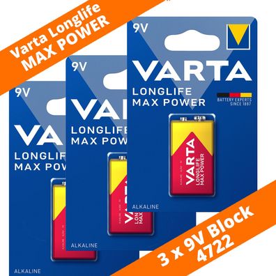 3 x Varta 9V Block 4722 Longlife Max Power MaxTech Alkaline Rauchmelder E-Block