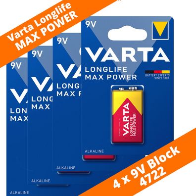 4 x Varta 9V Block 4722 Longlife Max Power MaxTech Alkaline Rauchmelder E-Block