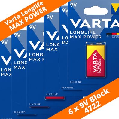 6 x Varta 9V Block 4722 Longlife Max Power MaxTech Alkaline Rauchmelder NEU