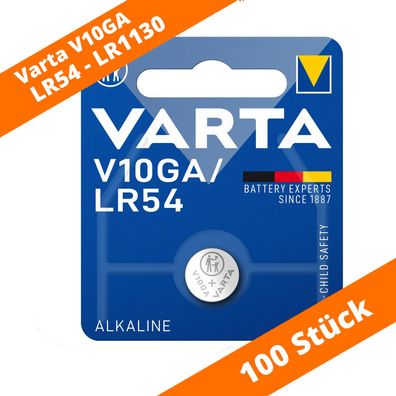 100x Varta Alkaline V10GA LR54 AG10 10GA 389 LR1130 Knopfzelle 1.5 V Batterie