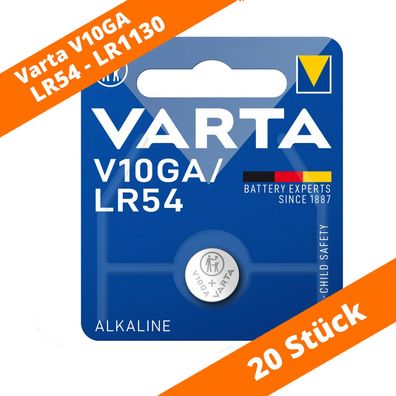 20x Varta Alkaline V10GA LR54 AG10 10GA 389 LR1130 Knopfzelle 1.5 V Batterie NEU