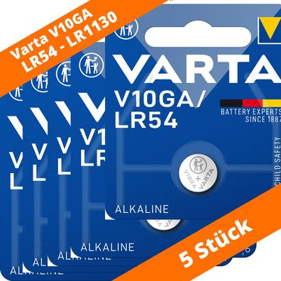 5 x Varta Alkaline V10GA LR54 AG10 10GA 389 LR1130 Knopfzelle 1.5 V Batterie NEU