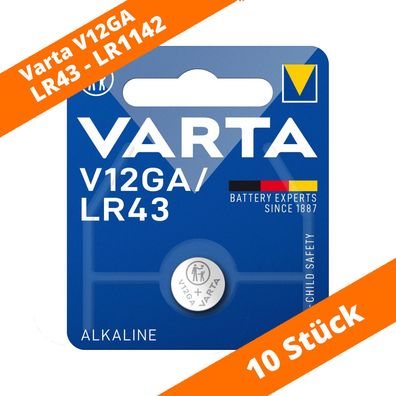 10 x Varta Alkaline V12GA LR43 AG12 12GA 386 LR1142 Knopfzelle 1.5 V Batterie