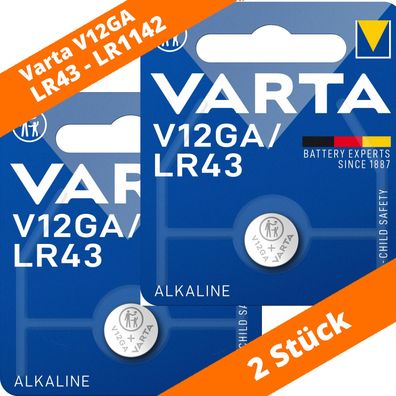 2 x Varta Alkaline V12GA LR43 AG12 12GA 386 LR1142 Knopfzelle 1.5 V Batterie NEU