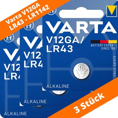 3 x Varta Alkaline V12GA LR43 AG12 12GA 386 LR1142 Knopfzelle 1.5 V Batterie NEU