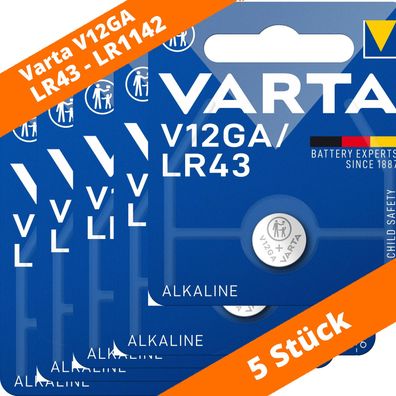 5 x Varta Alkaline V12GA LR43 AG12 12GA 386 LR1142 Knopfzelle 1.5 V Batterie NEU