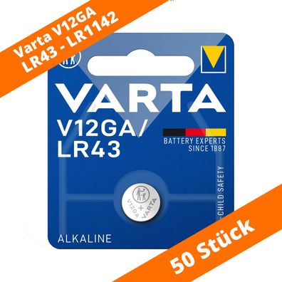 50 x Varta Alkaline V12GA LR43 AG12 12GA 386 LR1142 Knopfzelle 1.5 V Batterie