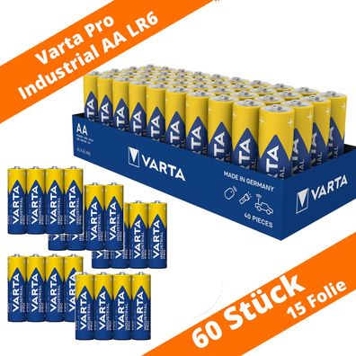 60 x Varta Pro Industrial AA Mignon Alkaline Batterien 1,5 V 4er Folie LR6 4006