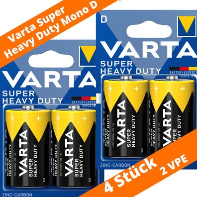 4 x Varta Mono D R20 Batterien 2020 Super Heavy Duty Superlife Zink Kohle 1,5V