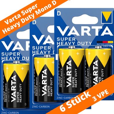 6 x Varta Mono D R20 Batterien 2020 Super Heavy Duty Superlife Zink Kohle 1,5V