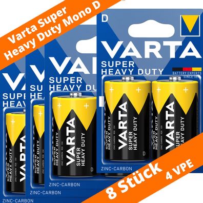 8 x Varta Mono D R20 Batterien 2020 Super Heavy Duty Superlife Zink Kohle 1,5V