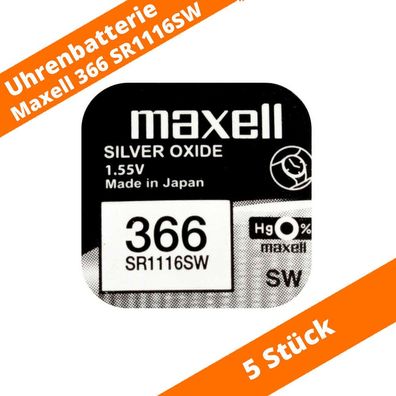 5 x Maxell 366 SR1116SW Uhren Batterie Knopfzelle Batterie Knopfzelle 1,55V