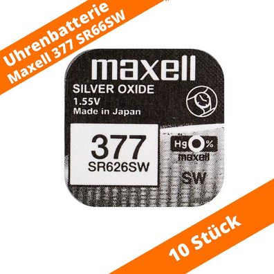 10 x Maxell 377 V377 Uhren-Batterie Knopfzelle SR66 SR626 AG4 SR626SW 1,55 V