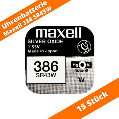 15 x Maxell 386 SR43W LR43 RW44 SB-B8 280-41 10L124 LR1142 Uhren Batterie 1,55V