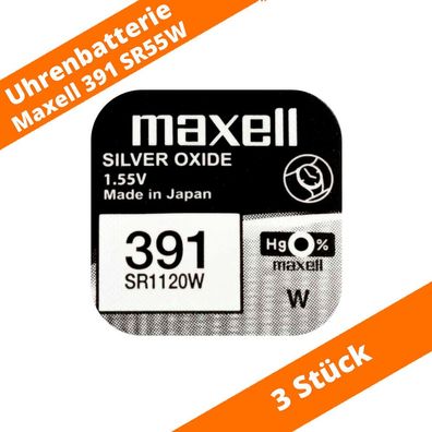 3 x Maxell 391 SR1120W SR55 Silberoxid Uhrenbatterie Knopfzelle 55mAh Hg 0%