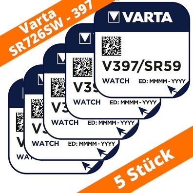 5 x Varta V397 Uhrenbatterie 1,55V SR726SW LR726 SR59 Silberoxid Knopfzelle