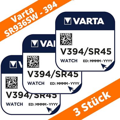 3 x V394 Uhrenbatterie Knopfzelle SR45 SR936SW AG9 VARTA Neu Silberoxid D394