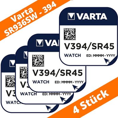 4 x V394 Uhrenbatterie Knopfzelle SR45 SR936SW AG9 VARTA Neu Silberoxid D394