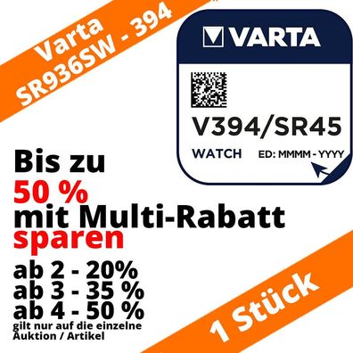 1 x V394 Uhrenbatterie Knopfzelle SR45 SR936SW AG9 VARTA bis zu 50% sparen