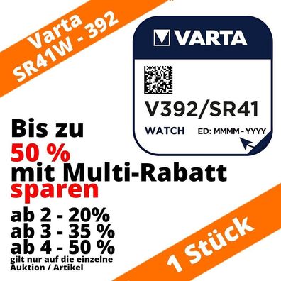 1 x Varta V392 Knopfzelle 1,55 V SR41W AG3 LR41 L41 192 bis zu 50% sparen