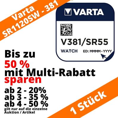 1 x Varta V381 Knopfzelle Uhrenbatterie 1,55 V SR1120SW SR55 bis zu 50% sparen