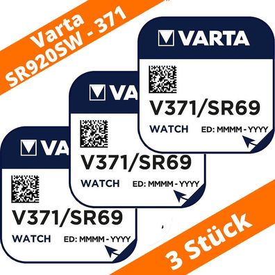3 x VARTA V 371 Knopfzellen Uhrenbatterie Silberoxid V371 SR69 SR920SW SR920 AG6