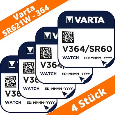 4 x V364 Uhren-Batterie Knopfzelle SR60 SR621SW AG1 VARTA Neu Silberoxid 364