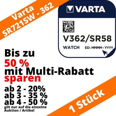 1 x Varta 362 Uhrenbatterie Knopfzelle SR58 SR721SW AG11 1,55V bis zu 50% sparen