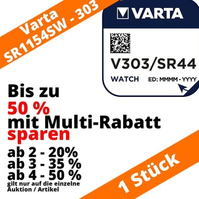 1 x Varta V303 Uhrenbatterie 1,55V SR44SW SR1154 Silberoxid bis zu 50% sparen