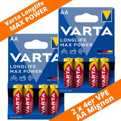 8 x Varta Longlife Max Power / Max Tech 4706 AA Mignon LR6 Foto 1,5V Batterie
