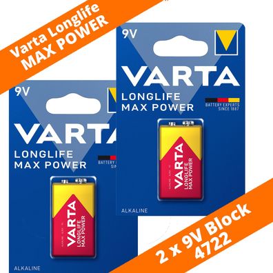 2 x Varta 9V Block 4722 Longlife Max Power MaxTech Alkaline Rauchmelder E-Block