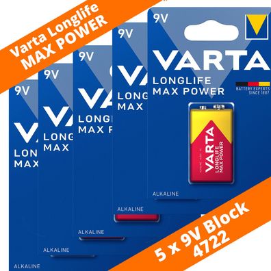5 x Varta 9V Block 4722 Longlife Max Power MaxTech Alkaline Rauchmelder E-Block