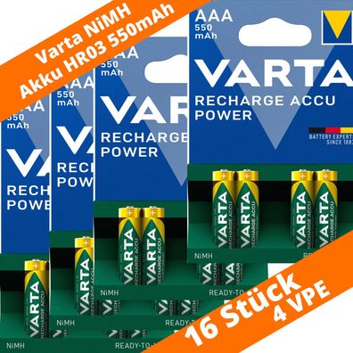 16 x Varta 550mAh Akkus AAA Micro HR03 NiMH 56743 Accu Power Recharge 1,2V