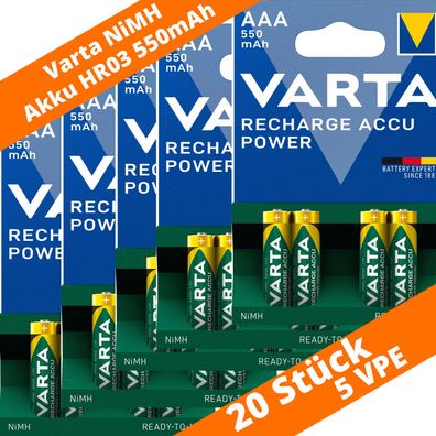 20 x Varta 550mAh Akkus AAA Micro HR03 NiMH 56743 Accu Power Recharge 1,2V