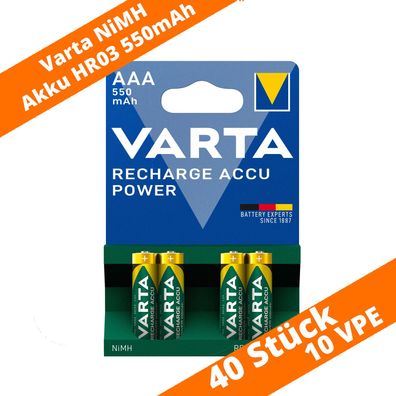 40 x Varta 550mAh Akkus AAA Micro HR03 NiMH 56743 Accu Power Recharge 1,2V