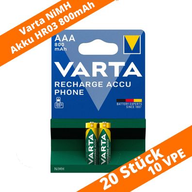 20 x Varta T398 Phone Power Akku AAA Micro HR03 1,2V 800mAh DECT Telefon NEU