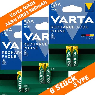 6 x Varta T398 Phone Power Akku AAA Micro HR03 1,2V 800mAh DECT Telefon NEU