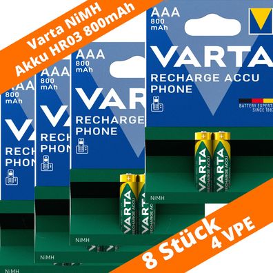 8 x Varta T398 Phone Power Akku AAA Micro HR03 1,2V 800mAh DECT Telefon NEU