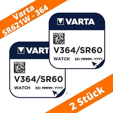 2 x V364 Uhren-Batterie Knopfzelle SR60 SR621SW AG1 VARTA Neu Silberoxid 364