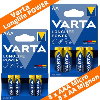 16 x Varta Longlie Power Batterien - 8 x AAA LR03 & 8 x AA LR6 1,5V Alkaline