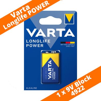 1 x Varta 9V-Block 4922 Longlife Power ex. High Energy E-Block 6LR61 Batterie